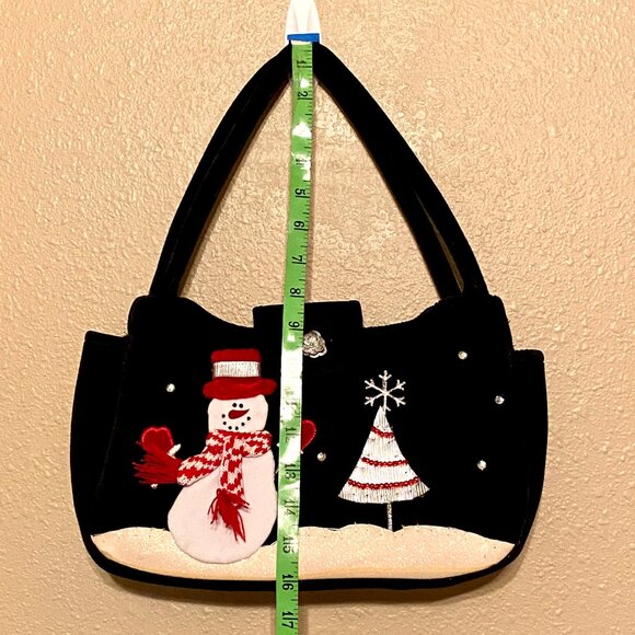Winter Snowman & Christmas Tree Decorated Velvet Purse Handbag Black Beaded - Picture 8 of 12